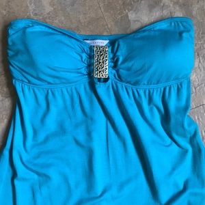 Trina Turk aqua & gold strapless swim coverup